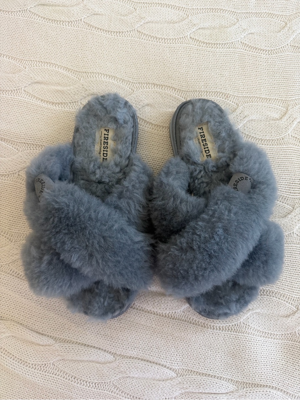 Women's Cozy Blue Genuine Sheepskin Crisscross Plush Slippers